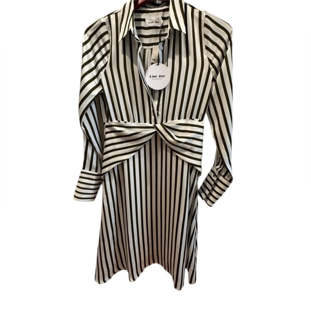 White dress with olive green stripes